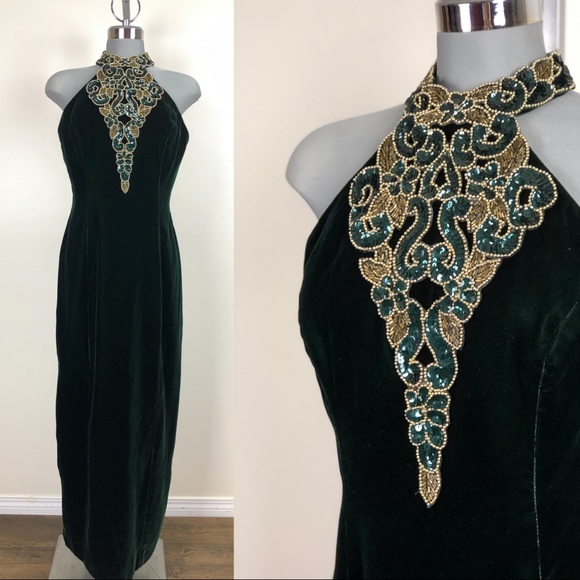 Nu Mode Dresses & Skirts - Vintage Green Velvet Beaded Gown Floor Length